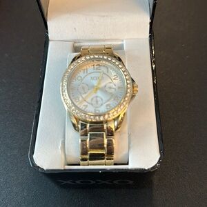NIB XOXO gold tone watch with rhinestone bezel - 38mm case & stainless band